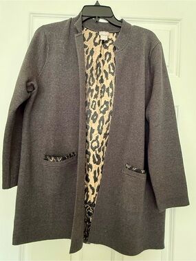 Chico's Charcoal Open-Front Coat with Leopard-Print Lining